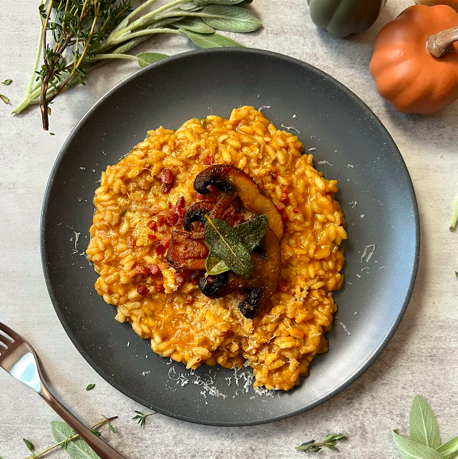 Pumpkin Risotto With Pancetta And Sage Butter Mushrooms Alex A La Carte